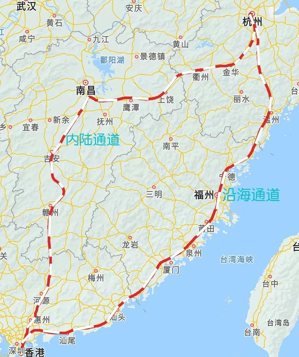 杭州至深圳高铁有两条通道分别为内陆通道以及沿海通道