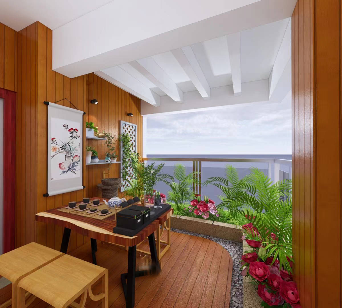 广州喜鹊林木阳台以中式风格茶室改造方案讲述