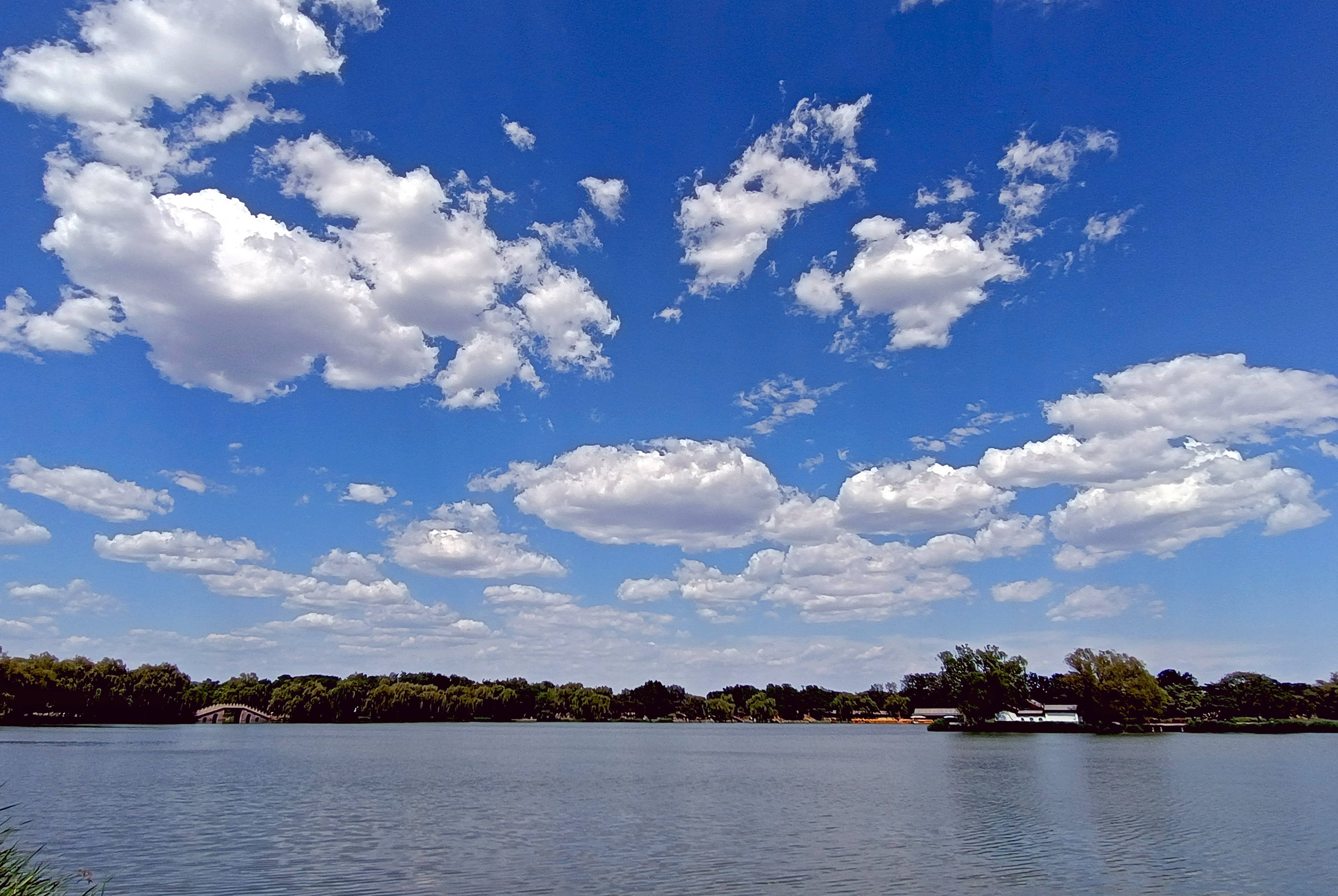碧空万里云飘荡,风吹平湖起波澜_蓝天_保护_湖岸