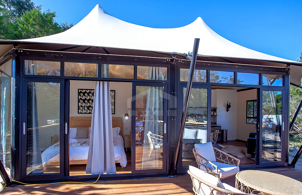 豪华露营酒店帐篷,双峰顶膜结构帐篷_瑞立_玻璃_球形