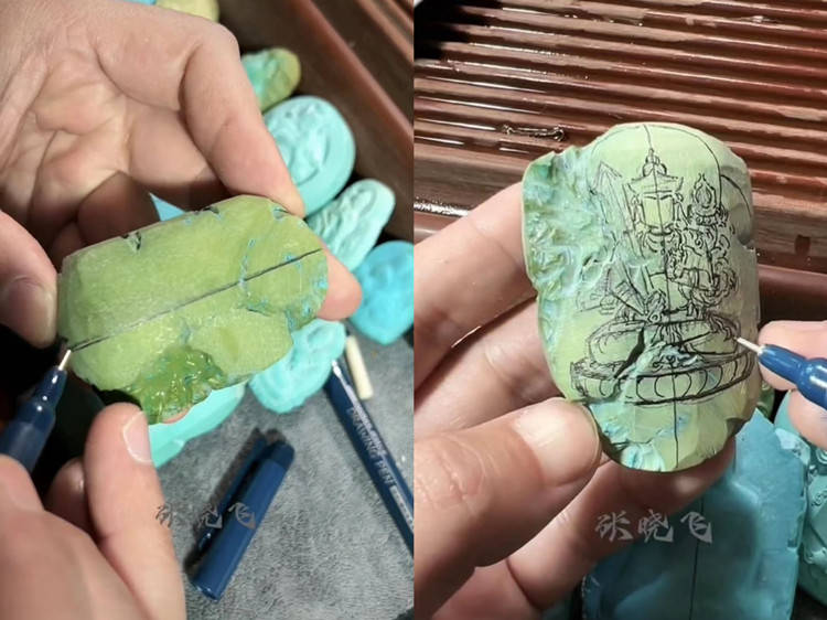 绿松石虚空藏菩萨:大师张晓飞_雕刻_的整体_牌子