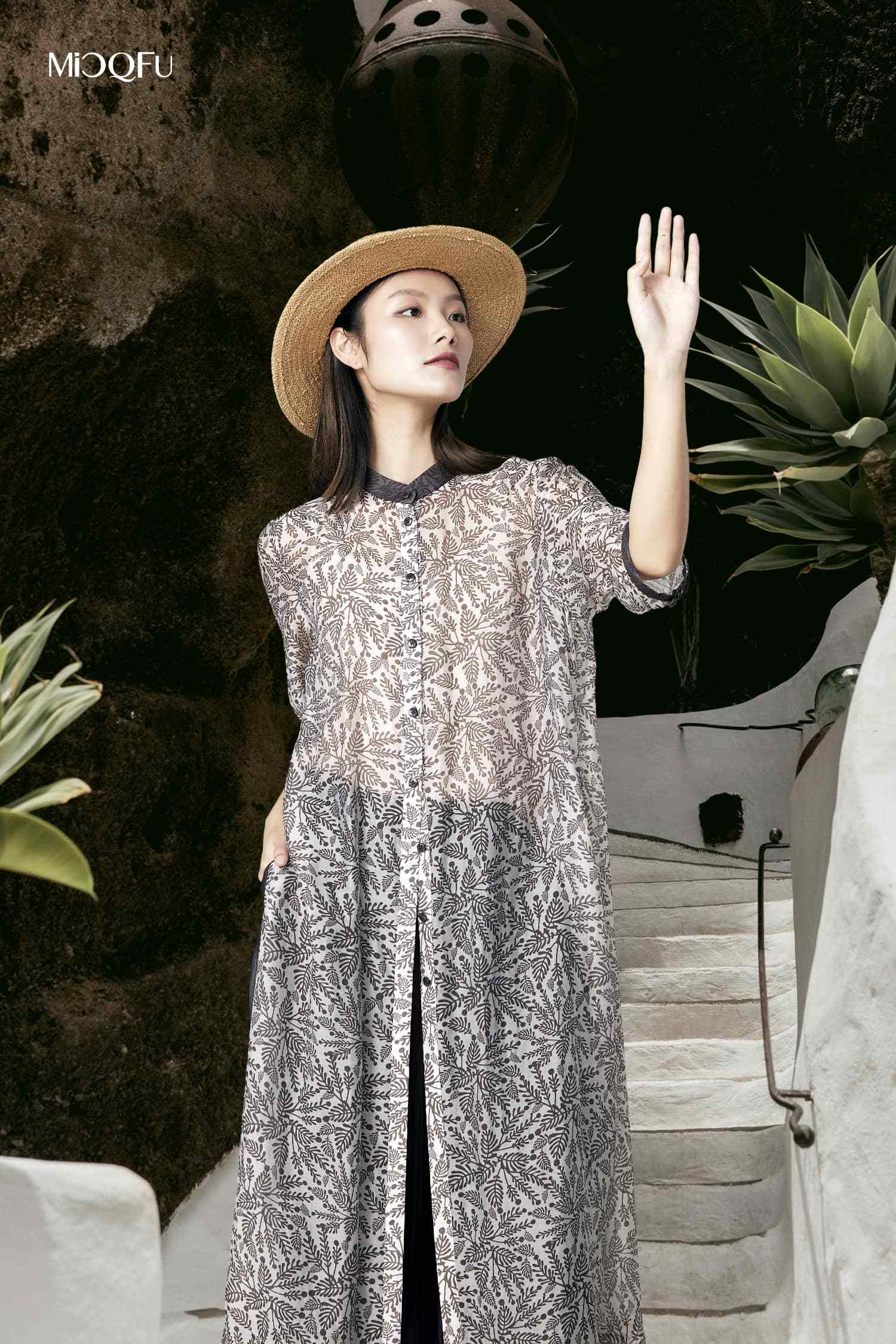 2023春夏,水草纹小立领撞色连衣裙衬衫_pic_米可