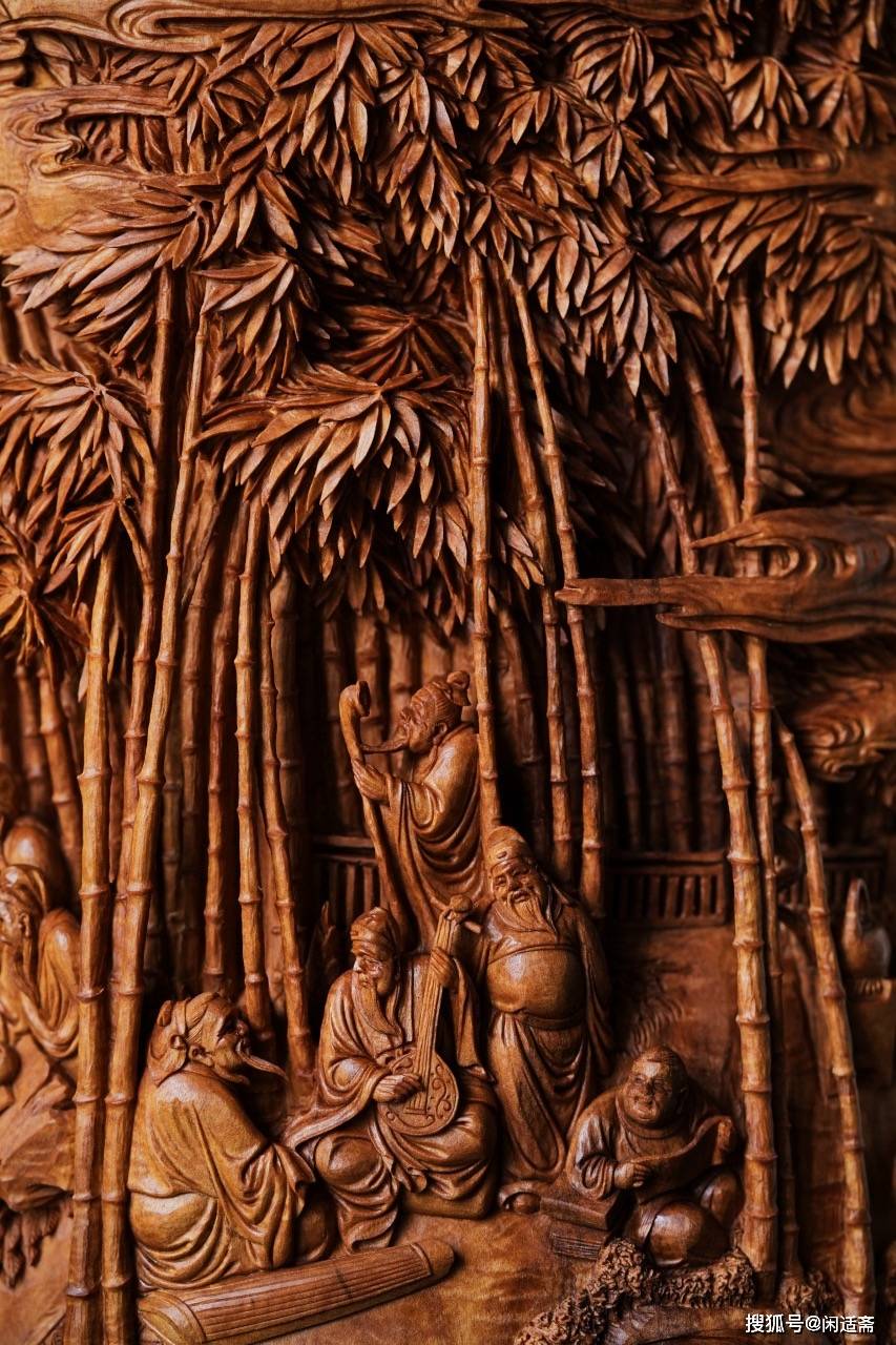 老山檀香木雕,竹林七贤,大笔筒_雕刻_作品选_艺术