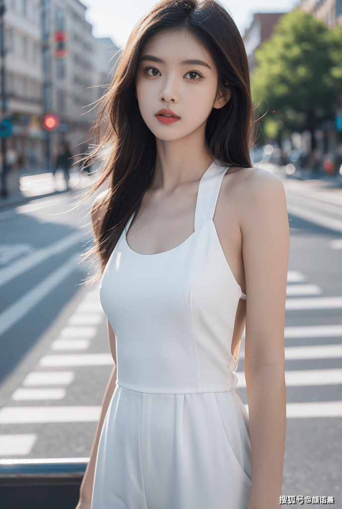 高清美女壁纸:漫步在繁华街道的白色连体裤女神