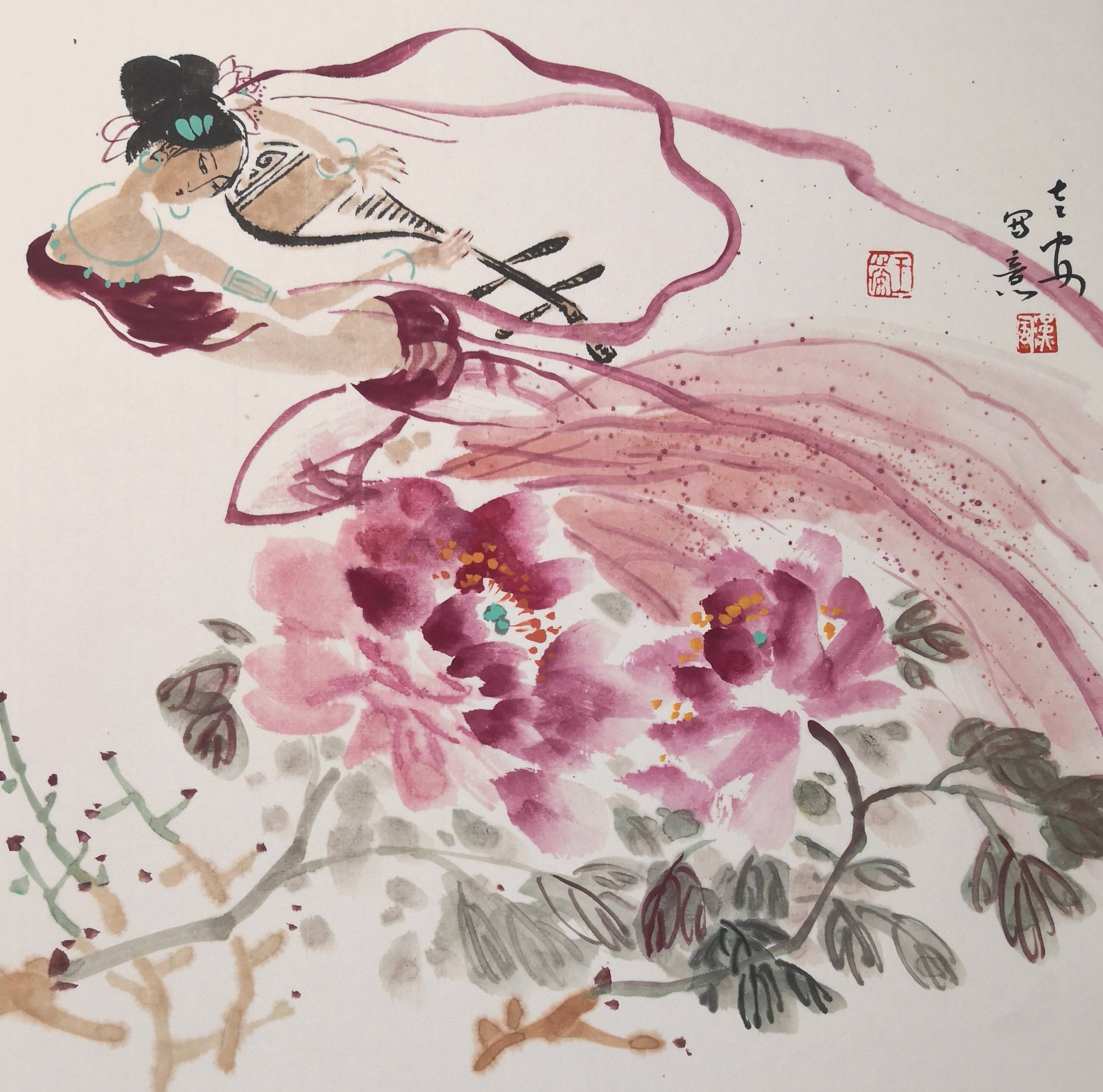 画家王心安的“飞天”,散花撒露,送福献寿_花魂_彩霞_天使