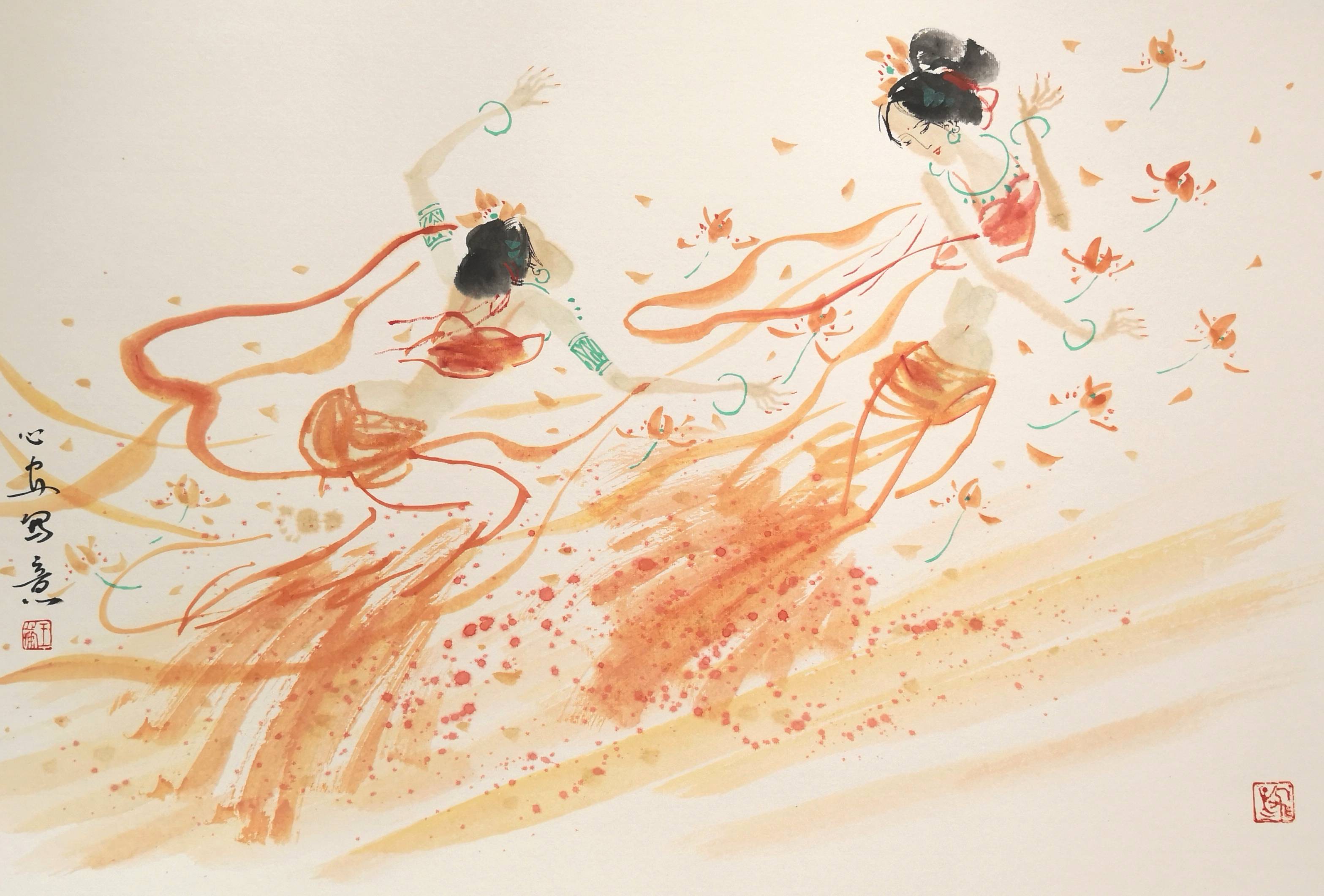 画家王心安的“飞天”,散花撒露,送福献寿_花魂_彩霞_天使