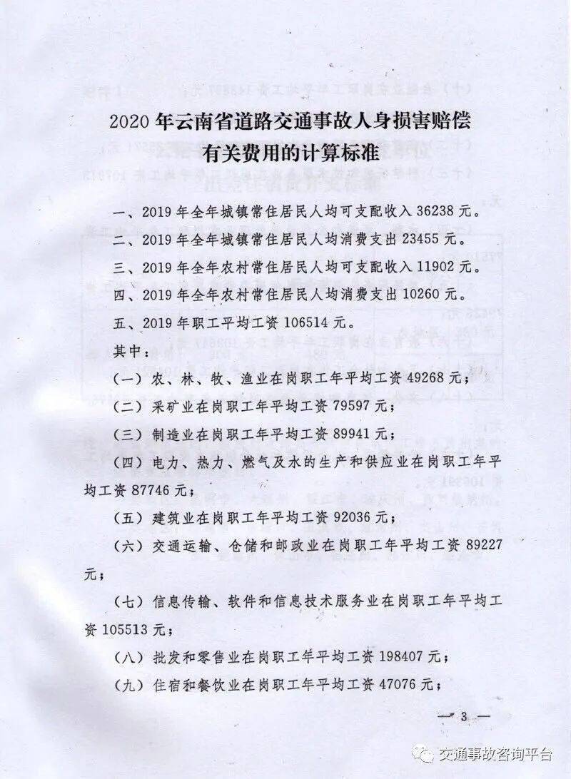 2020年云南交通事故损害赔偿标准及行业