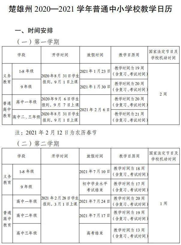 楚雄州2020-2021學年普通中小學校教學日曆,時間安排如下