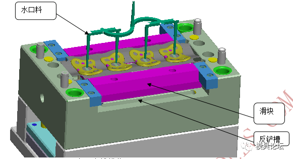 不宜設置澆口,為此,設計細水口的三板模具,細水口轉潛伏式澆口進膠