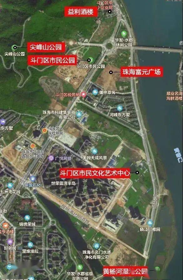 位置为准尖峰山公园,斗门区市民公园,黄杨河湿地公园,富元广场等配套