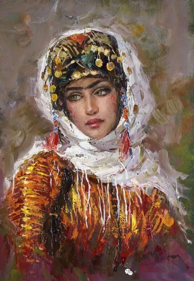 【油画欣赏】他笔下美丽的东方女性肖像,在民间服饰中闪耀着金光,十分