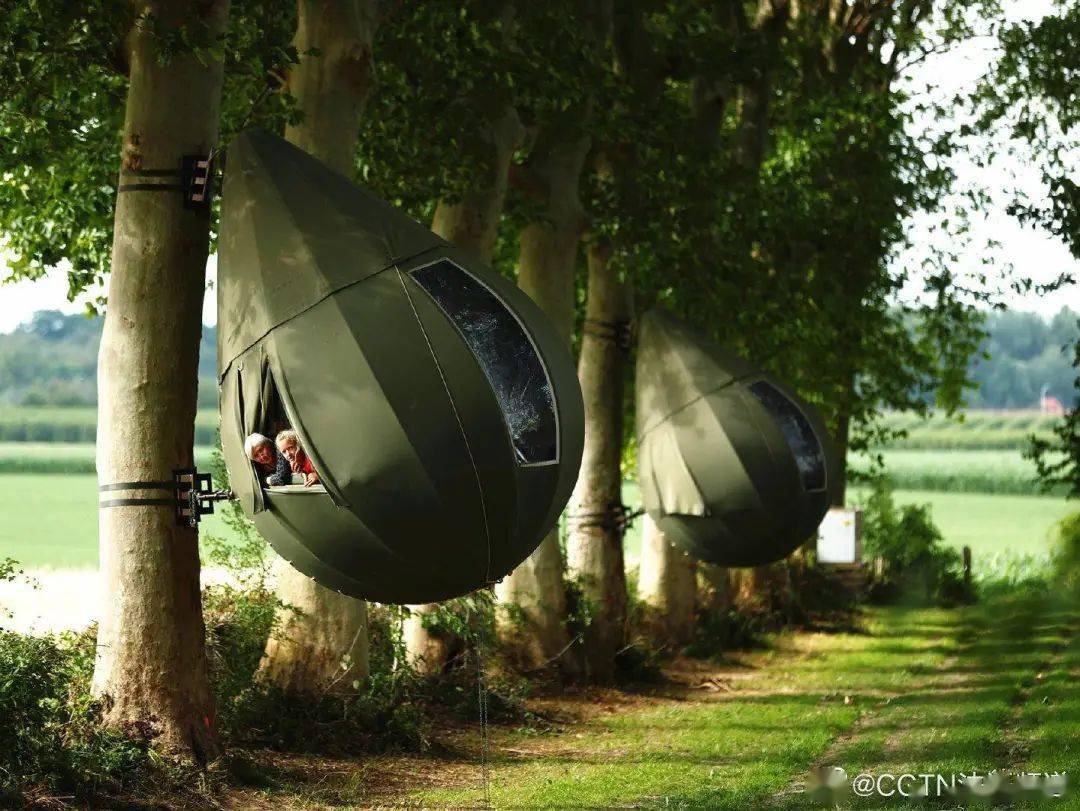 个挂在树上的帐篷,这款水滴状的帐篷是由荷兰艺术家德雷瓦皮纳尔发明