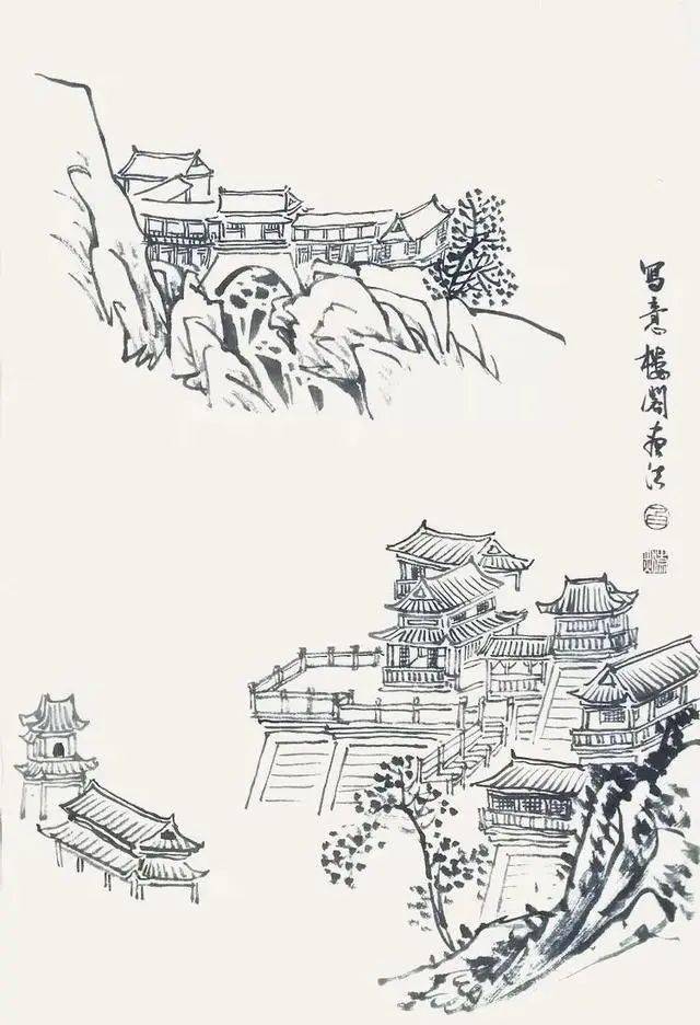 超全山水点景画稿房屋亭榭桥梁照着画就行收藏