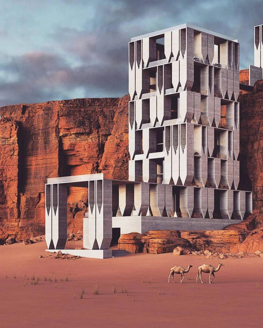 他试图通过这个建筑反映出位于中东沙漠中的历史建筑所使用的象征主义