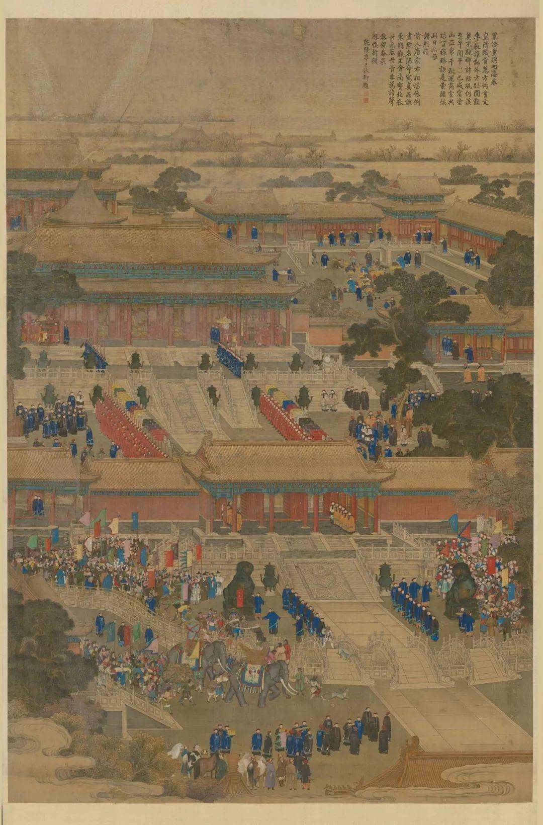 这幅来自清朝宫廷画家的《万国来朝图》采用了鸟瞰角度全景式构图,从