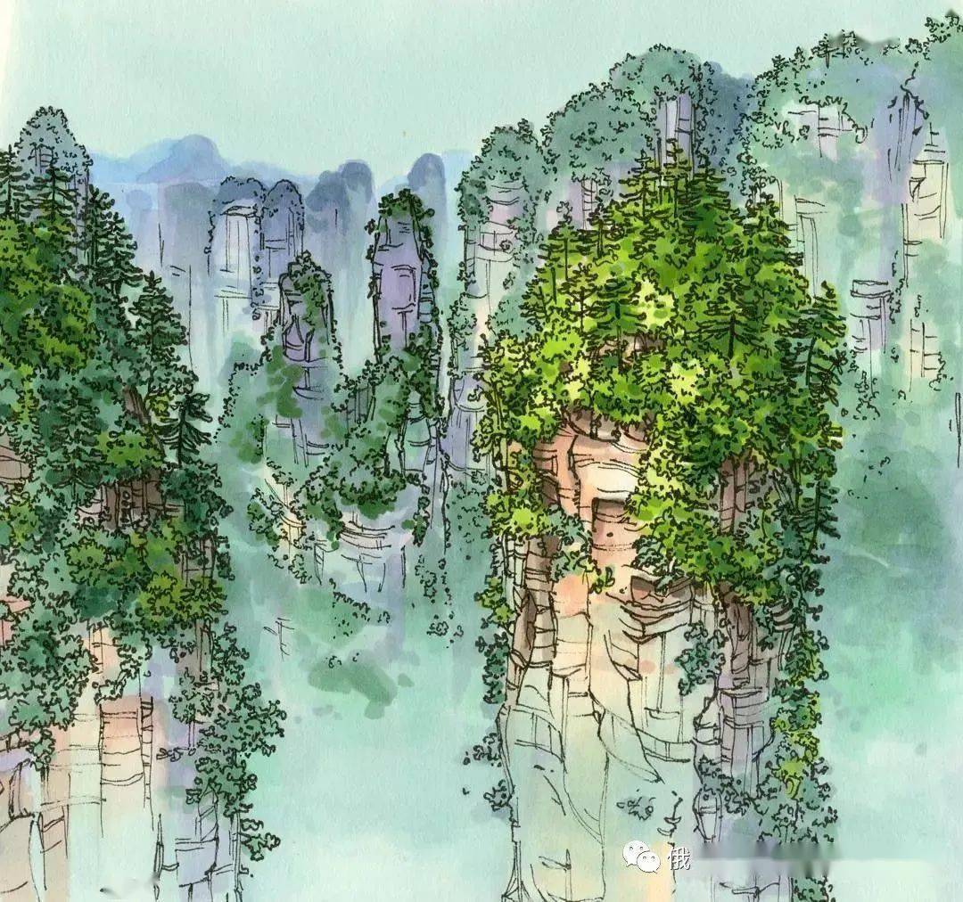 她作画纸张通常采用kt板作画步骤:建筑跟天空颜色用水彩淡淡晕染能力