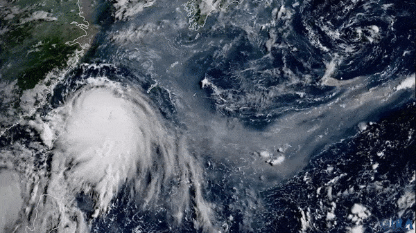 日本卫星捕捉到台风旋转与火山喷发同框罕见画面