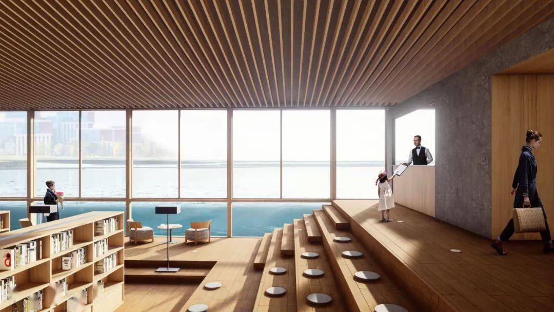 目前该书店施工已接近尾声,湖岸效果已基本呈现,整个建筑为下沉式的