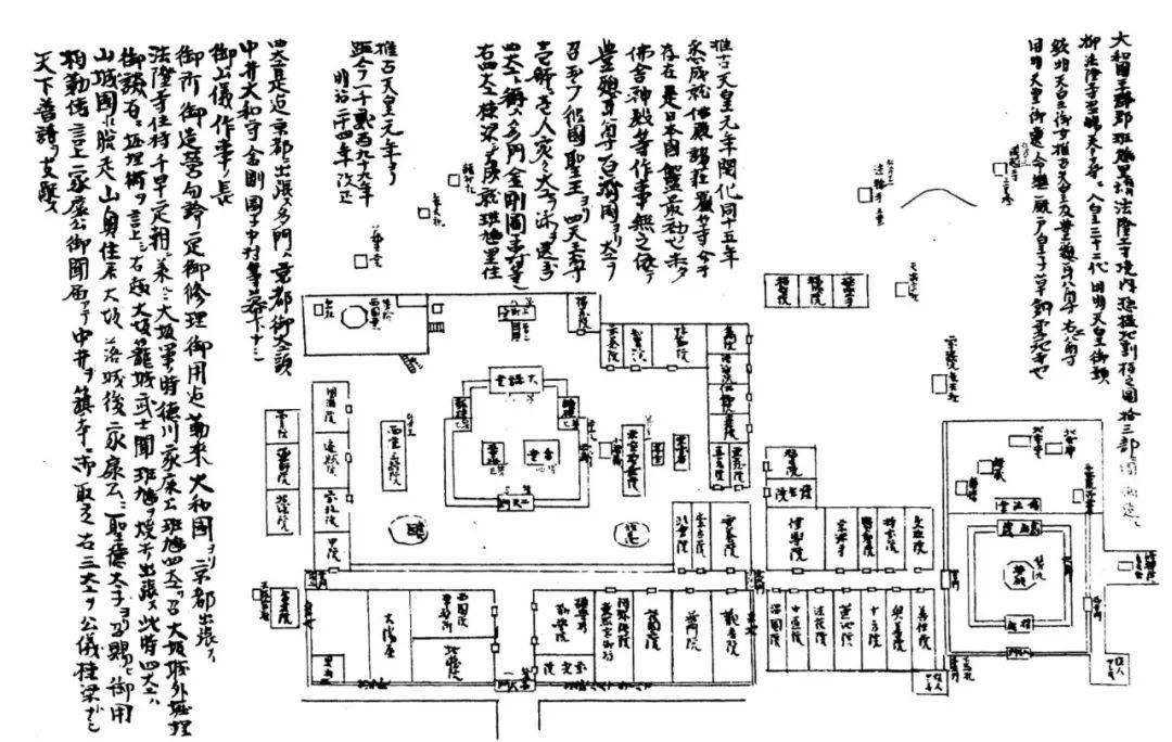 图四 大和法隆寺伽蓝古平面图〔法隆寺所藏·明治二十五年(1892)伊东