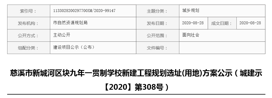 慈溪新城河區塊九年一貫制學校新建工程規劃選址(用地)方案公示