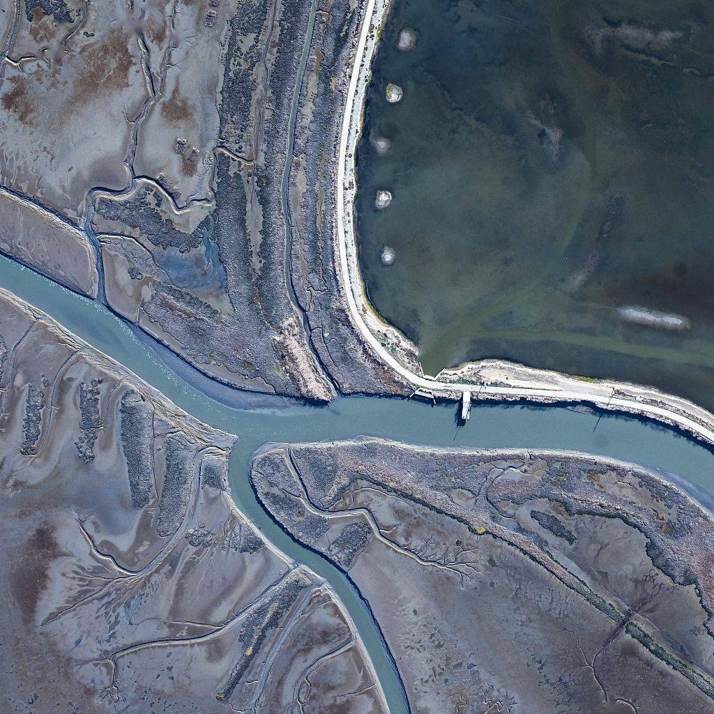 美国旧金山:摄影师航拍湿地多彩地貌 纵横电线巧妙入镜