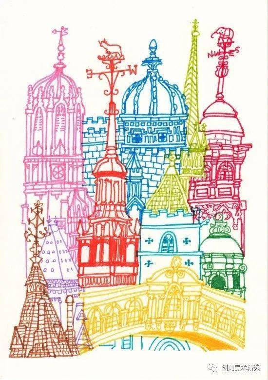 彩色线描的魅力漂亮的建筑主题线描装饰画