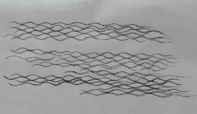 第三种:网纹法可加皴染,渲染在弧线和波纹之间波纹加弧线体现风吹涟漪