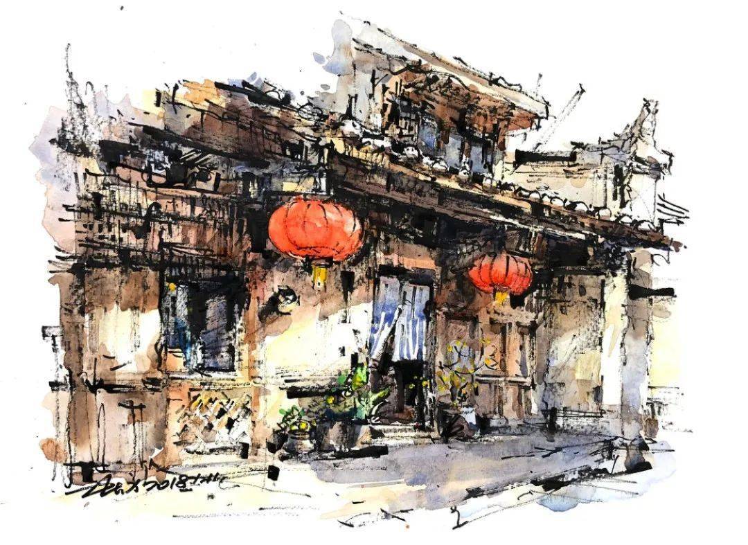 史志方钢笔淡彩作品欣赏徽州