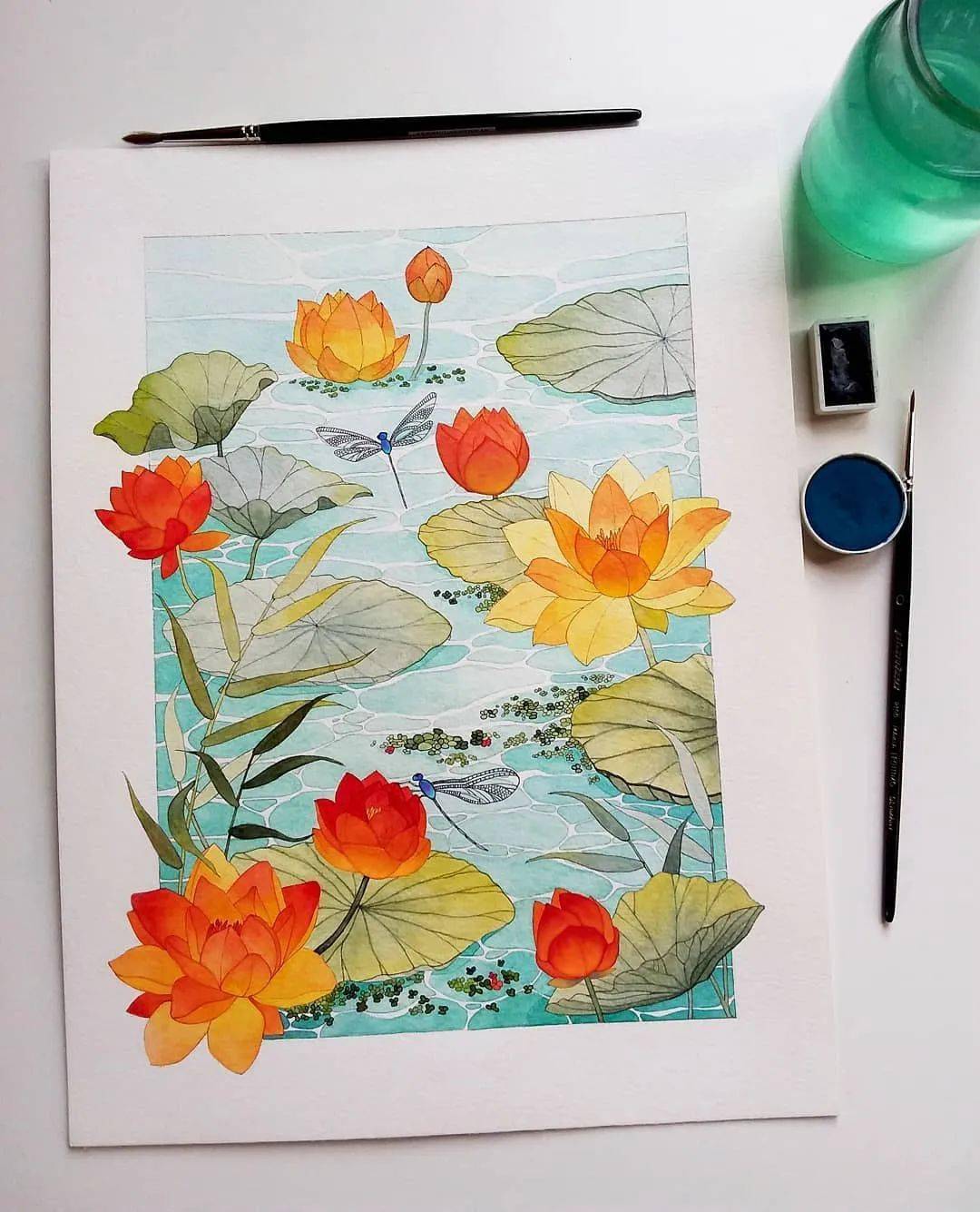 水彩画入门小幅的水彩插画画中的花卉树木房子都是如此的细致