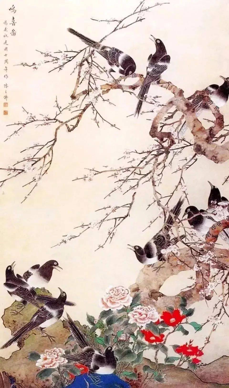 两位工笔大师画喜鹊