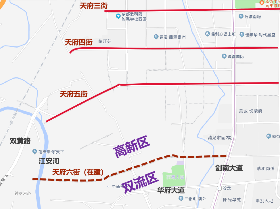 華府大道以北,西側起於江安河西岸的雙黃路北延線花樣年家天下樓盤