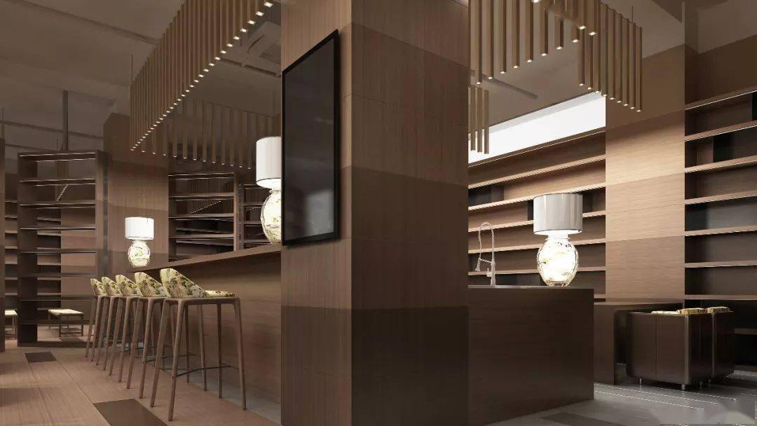 书架与包柱都采用渐变色木饰面,地面采用砖与木地板相拼使空间合理