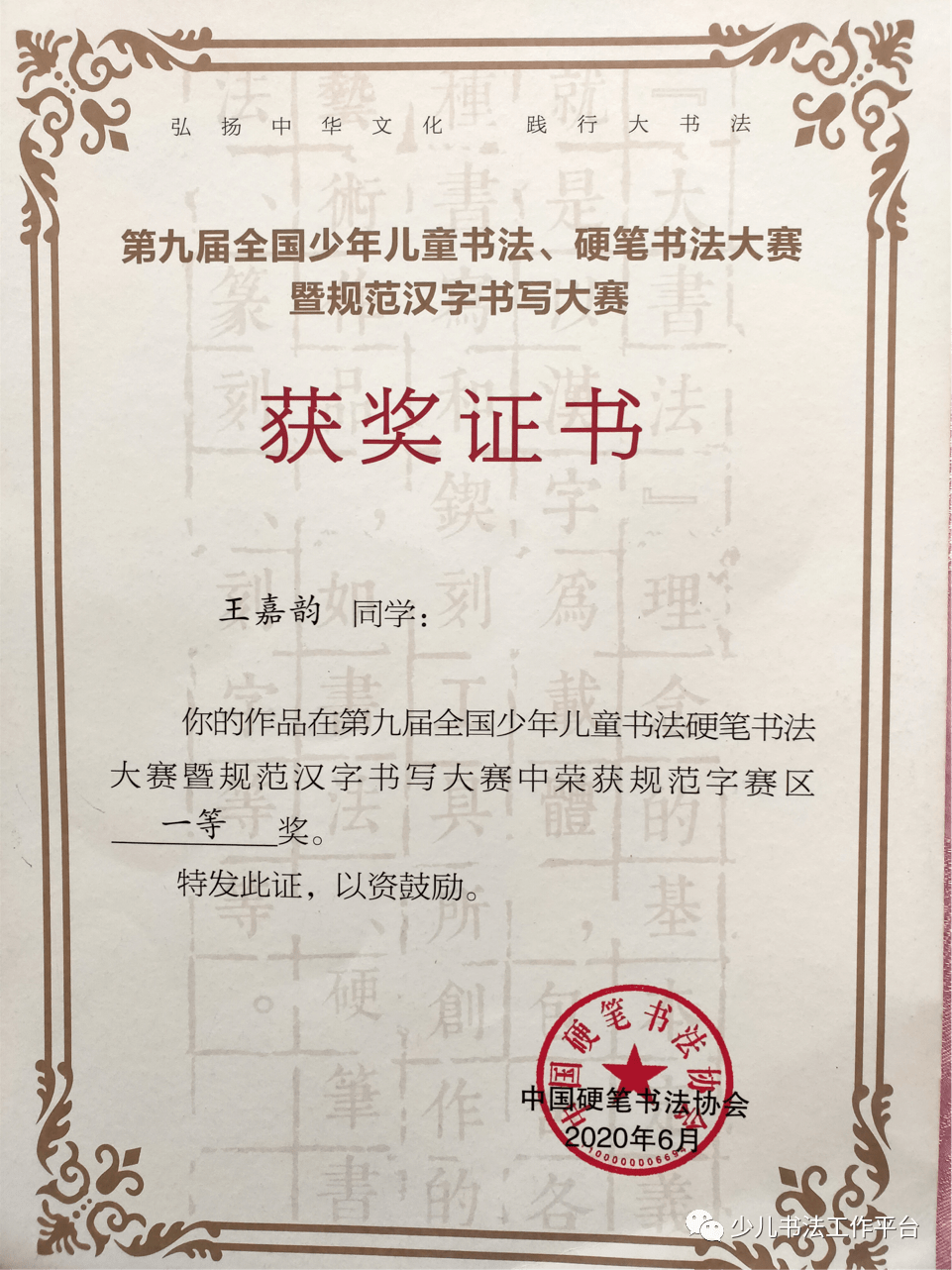 中国硬笔书法协会含金图片