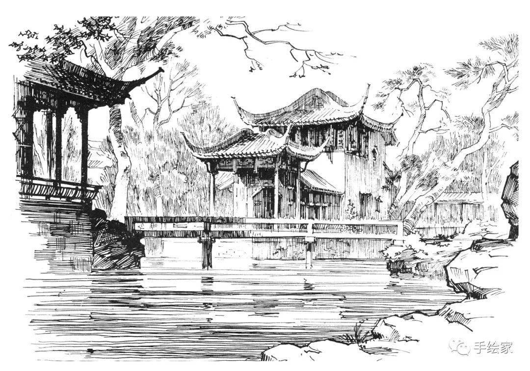 此画为苏州网师园的一角,建筑物体量较丰富,其中选择右侧的亭子为重点