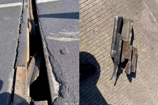 在广东中山,广澳高速公路上,一辆白色小货车撞上损坏的路面桥梁伸缩缝