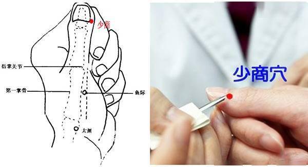 或側掌,微握掌,拇指上翹,手拇指爪甲橈側緣和基底部各作一線,相交處取