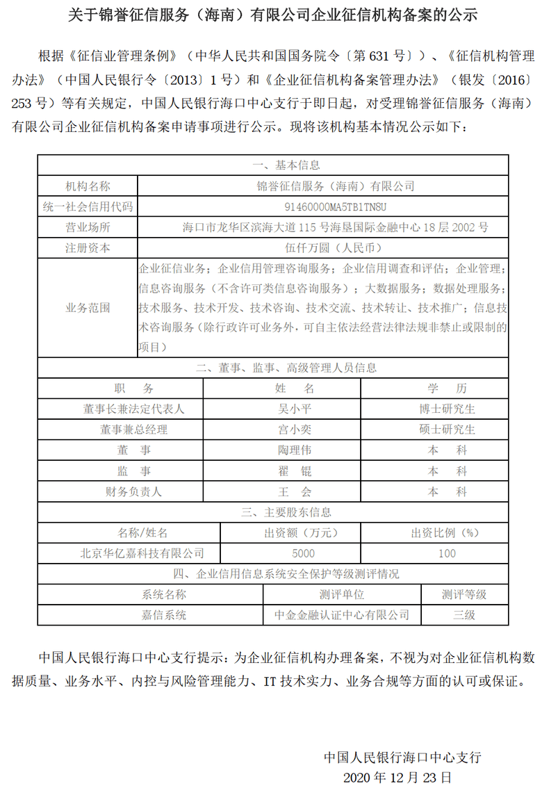 发布公告,决定对锦誉征信服务(海南)有限公司企业征信机构予以备案