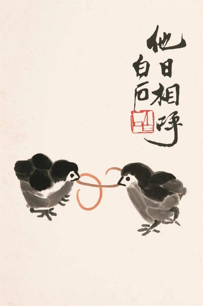 荣宝斋木版水印作品 齐白石《他日相呼》画面很简单.