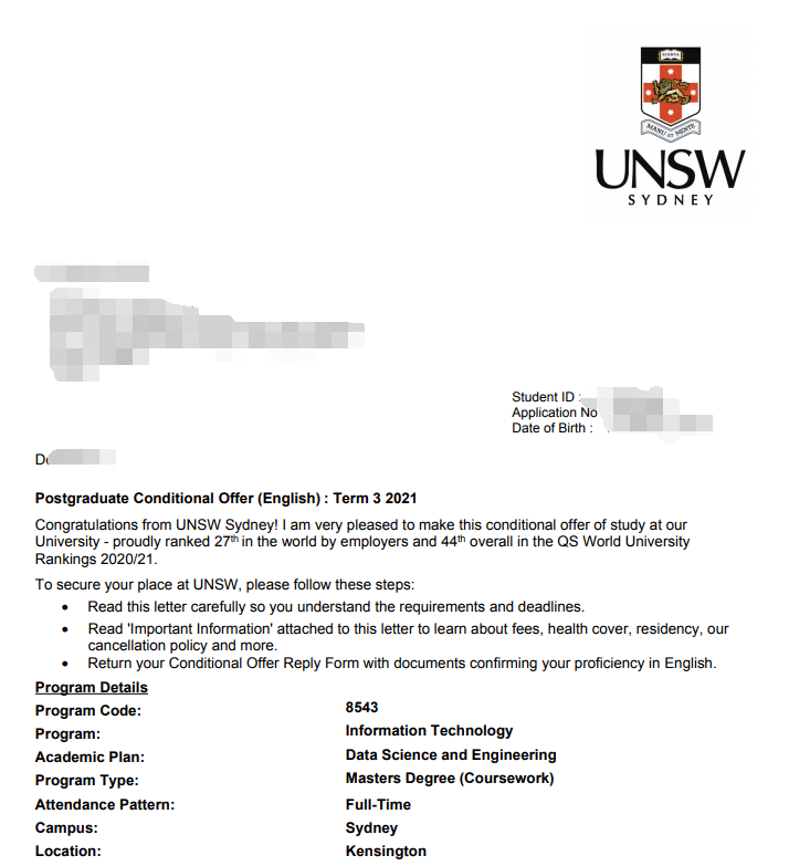 【offer来了】新南威尔士大学信息技术专业offer一枚