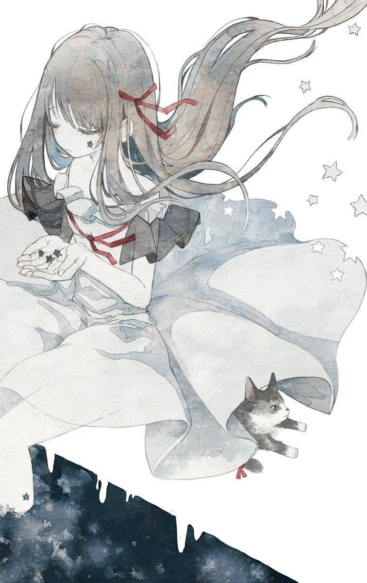 水彩插画猫与漫画少女治愈系插画太好看了还有组情头