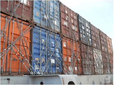 操作须知:使用系固集装箱的拉紧装置时,将绑扎拉杆的一端插入集装箱角