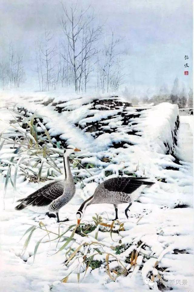 耀眼的雪景工笔花鸟画美的诗情画意