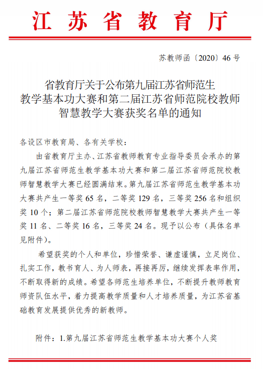 祝贺我校在第九届江苏省师范生教学基本功大赛学前教育组中喜获佳绩