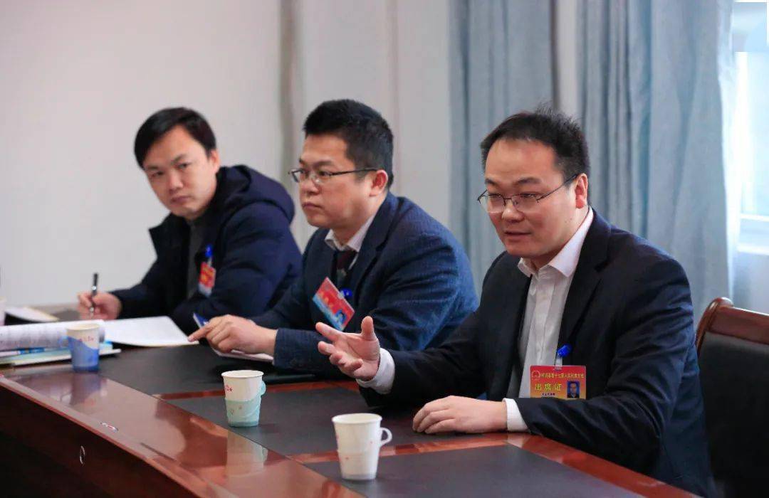 县人大常委会主任汪永东(左二)参加代表团讨论县委书记李建华参加代表