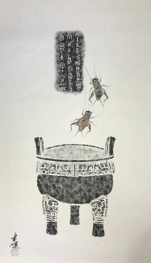 在绘画的过程中,为了表现蟋蟀的真实性,他运用了国画和油画的技巧.