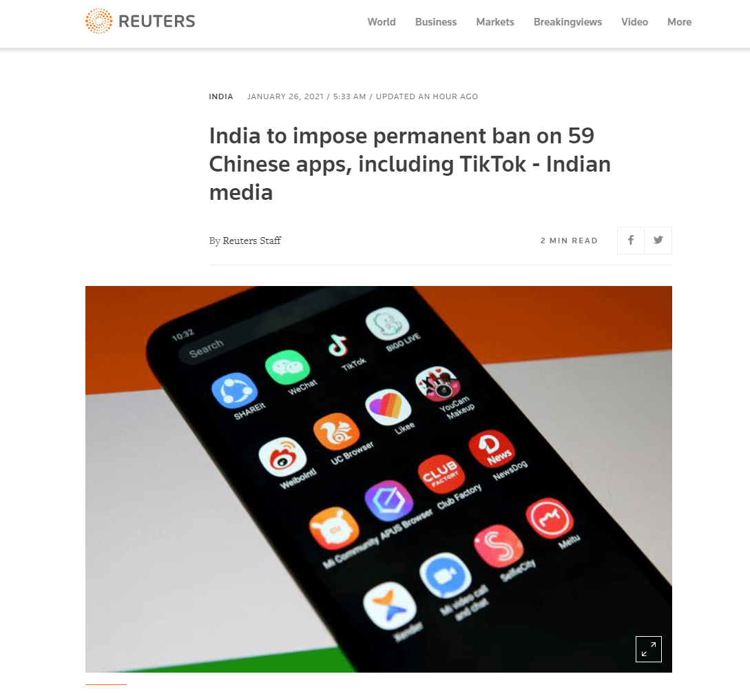 印媒：印度宣布将永久禁止59款中国APP，包括TikTok、百度、UC浏览器等插图