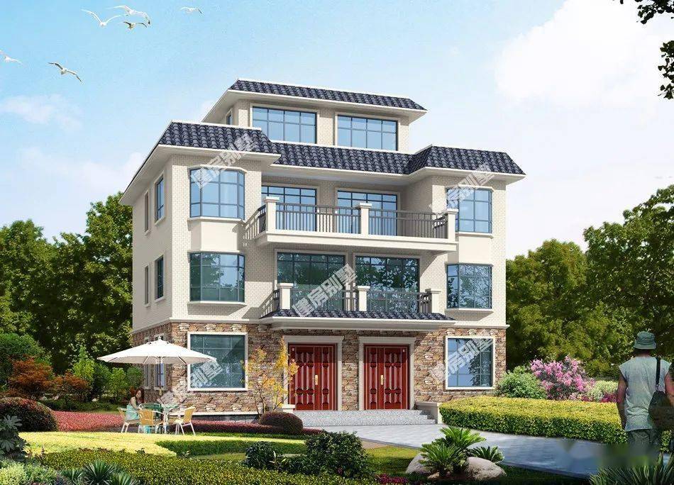 面宽14米简欧风格设计的四层双拼别墅第一栋造型简约漂亮