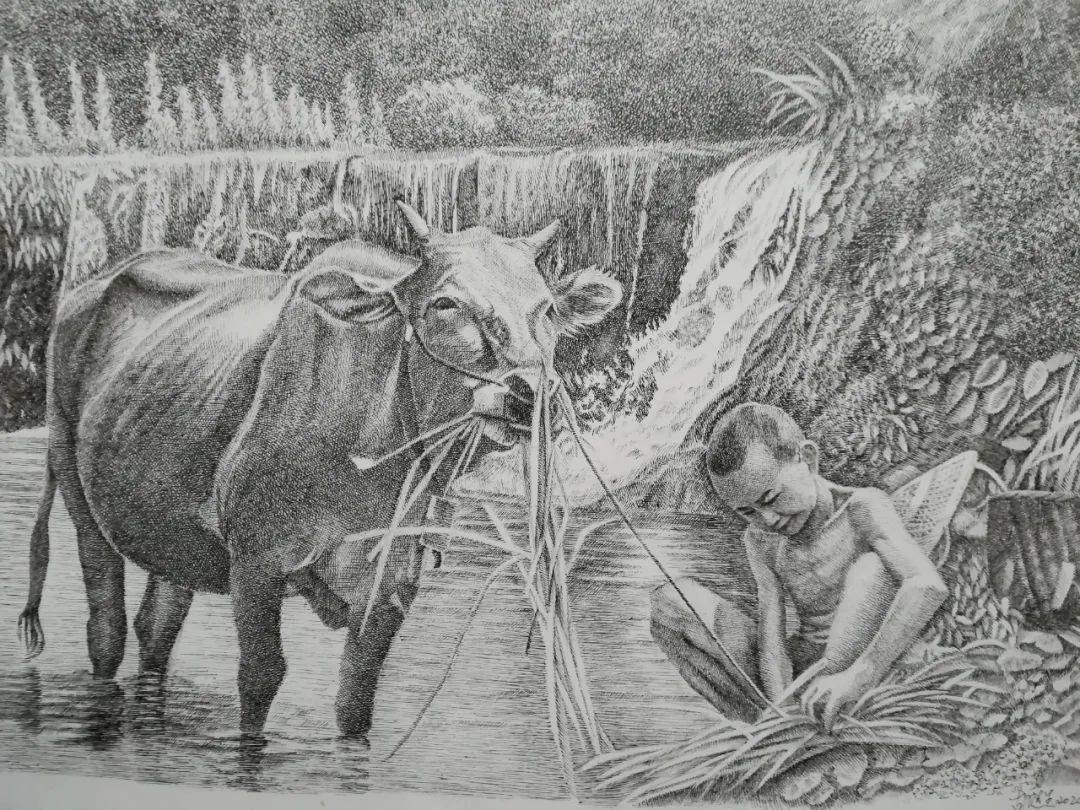 钢笔画 《放牛娃》胡选生 仰口路社区居民钢笔画《依靠》王质荣 仰口