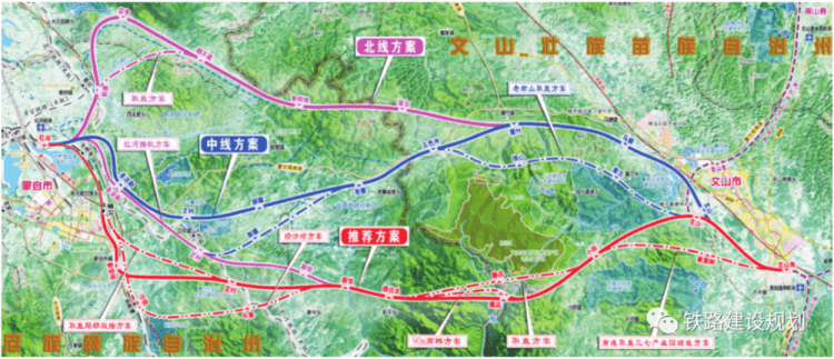 蒙自至文山鐵路可研線路方案示意圖(中線方案)▼