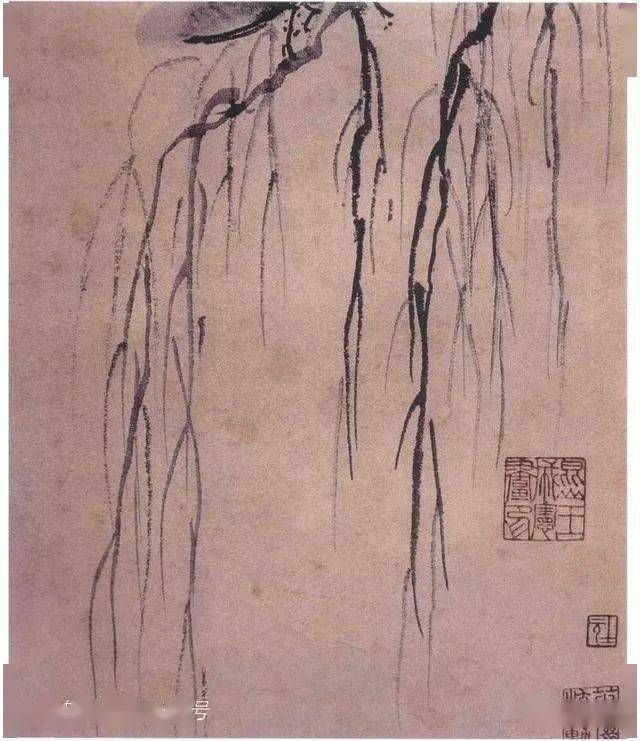 卧游图册(局部) 明 沈周本图为蟹爪树画法,用金笺扇面,狼毫笔做工具为